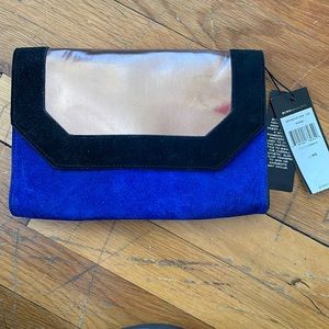 BCBGmaxazria blue and copper suede hand bag with tag